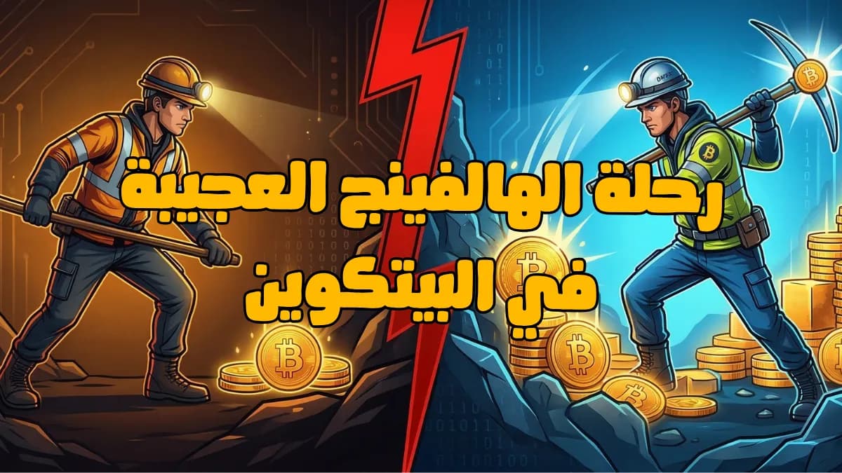 رسم لعاملَي تعدين وعملات بيتكوين مع عنوان عن تنصيف البيتكوين.