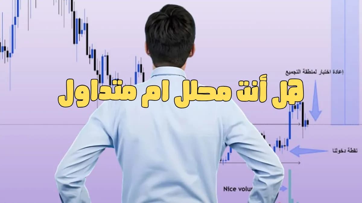 شخص أمام شارت تداول مع سؤال «هل أنت محلل أم متداول».
